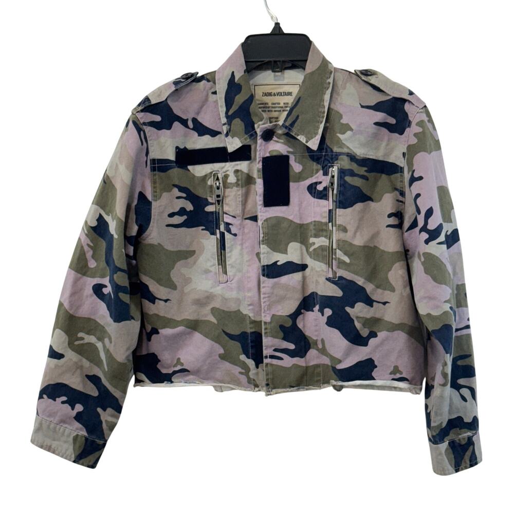 Zadig & Voltaire Kids Camou Print Jacket Womens M Green Pink Cropped Military